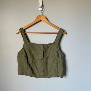 Lou & Grey Olive Green 100% Linen Smocked Crop Tank Top Shirt Size Medium NWT
